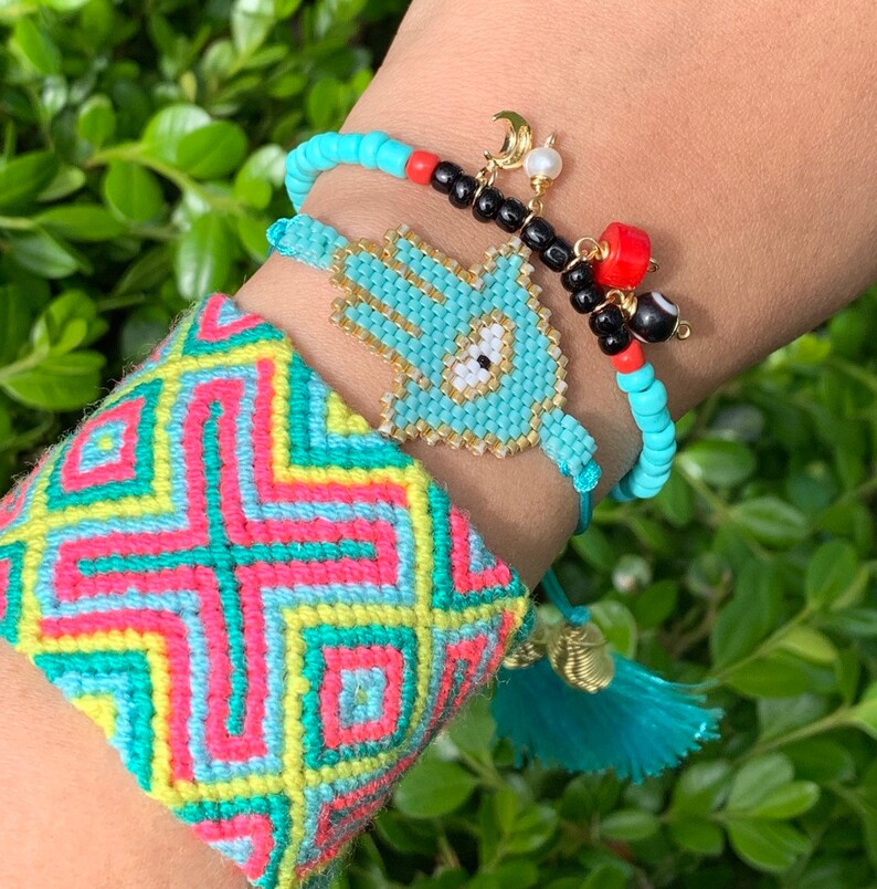 trendy bracelet evil eyed bracelet tassel protection bracelet Mano de Fatima Hamsa and evil eyed Miyuki bracelet