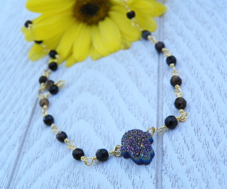 Gold Plated Brown Rosary wire beaded chain necklace Hamsa Jewelry Hand Titanium Crystal Druzy Stone Pendant Necklace