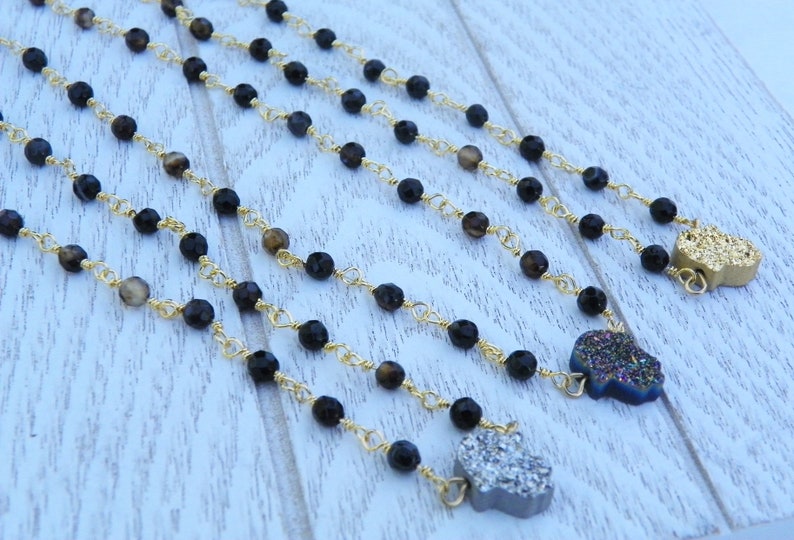 Gold Plated Brown Rosary wire beaded chain necklace Hamsa Jewelry Hand Titanium Crystal Druzy Stone Pendant Necklace