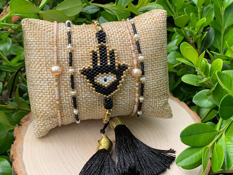 trendy bracelet evil eyed bracelet tassel protection bracelet Mano de Fatima Hamsa and evil eyed Miyuki bracelet