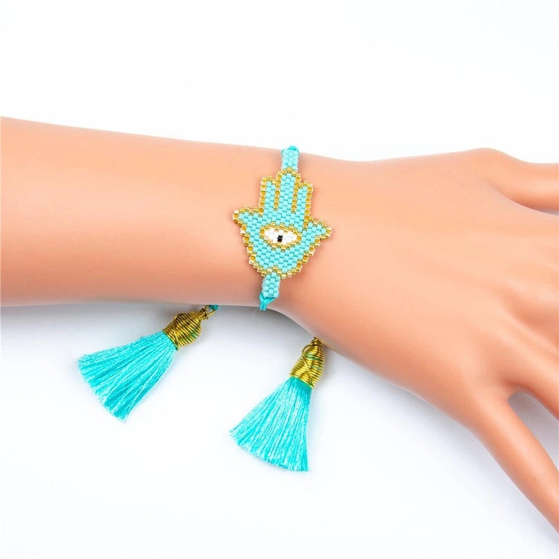 trendy bracelet evil eyed bracelet tassel protection bracelet Mano de Fatima Hamsa and evil eyed Miyuki bracelet