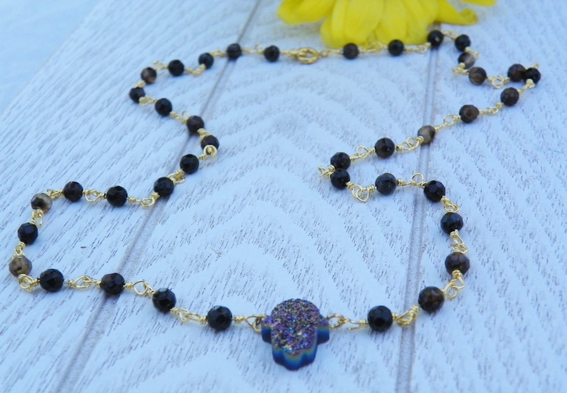 Gold Plated Brown Rosary wire beaded chain necklace Hamsa Jewelry Hand Titanium Crystal Druzy Stone Pendant Necklace