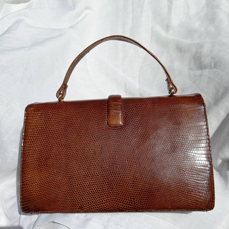 Sac à Main Vintage En Cuir Reptile - Marron - Authentique - Occasion - Porté Main