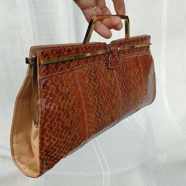 VINTAGE Brown REPTILE Leather Hand BAG