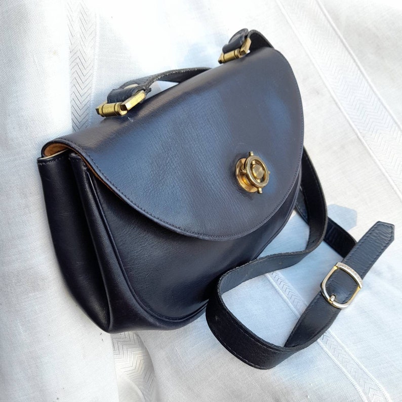 50s60s Crossbody Handbag Saints in Midnight Blue Leather THE SANTI VINTAGE Blue Navi Leather Shoulder BAG
