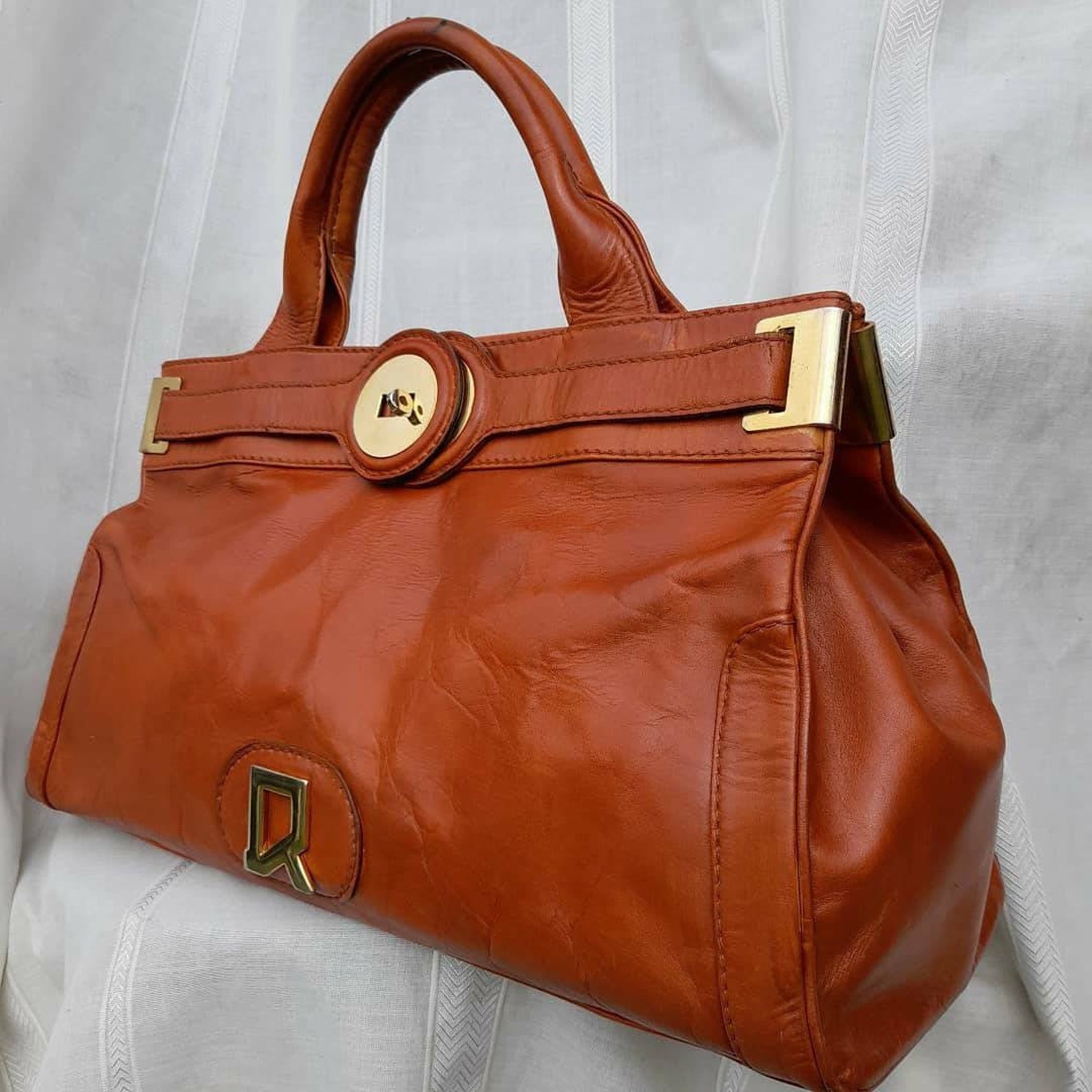 VINTAGE BROWN/Orange Leather BAG. 70s Big Birkin/DoctorBag. Etsy
