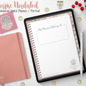 Puede incluir: Se muestra una agenda digital y un diario físico en color coral suave. La agenda digital está en una tableta, abierta en una página en blanco con pestañas. El diario tiene un cierre elástico a juego. El texto "Sunrise Undated" está en la parte superior.