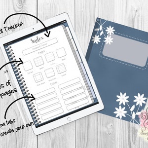 Puede incluir: Un planificador digital en una tableta, con un índice, un rastreador de tareas y varios tipos de páginas. Un cuaderno azul con detalles florales blancos está junto a la tableta. La tableta tiene 10 pestañas adicionales.