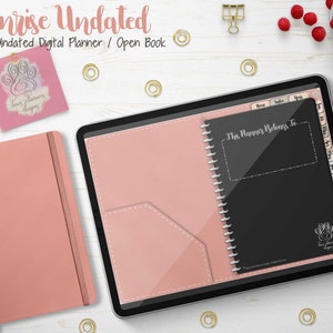 Puede incluir: Un planificador digital con el texto "Sunrise Undated" y "Undated Digital Planner / Open Book". El planificador está abierto, mostrando un cuaderno negro con el texto "This Planner Belongs To...". También se ven un cuaderno rosa y una tableta.