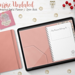 Puede incluir: Un planificador digital con el texto "Sunrise Undated" y "Undated Digital Planner / Open Book". El planificador está abierto en una página que dice "This Planner Belongs To". También se ven un cuaderno rosa y una tableta.