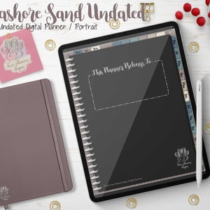 May include: A digital planner and a physical journal are displayed on a white wooden surface. The digital planner is on a tablet, with the text "This Planner Belongs To." The physical journal is a muted purple colour. The image also includes a stylus and decorative elements.