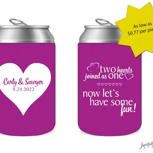 50 Qty - Two Hearts Joined as One Personalized Wedding Can Cooler, Wedding Coolie, Can Cooler, Can Coolie, Wedding Coozie, Can Coozie