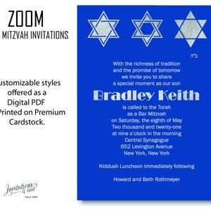 Klassieke Blue Bar Mitzvah Uitnodiging voor Zoom, Zoom Bar Mitswa Uitnodiging, Bar Mitswa Kaart, Davidster Uitnodiging, Joodse Uitnodiging