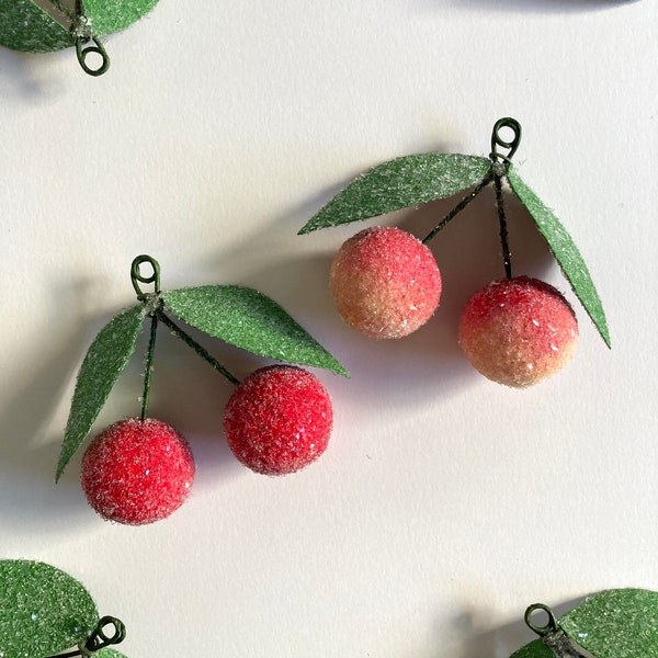 Single Red or Rainier Cherry Ornament, Vintage Style Spun Cotton, Old World Feather Tree Christmas