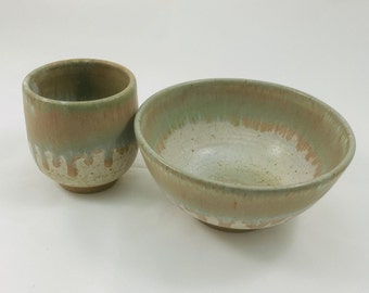 Ceramic Tea Bowl, Rice Bowl, Set, Hand Thrown, Pale Green, White, Stoneware, Studio Ceramics