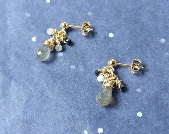 Small cluster earrings with blue labradorite, white moonstone and black spinel on gold-filled wire and studs, small Xmas stocking stuffer.