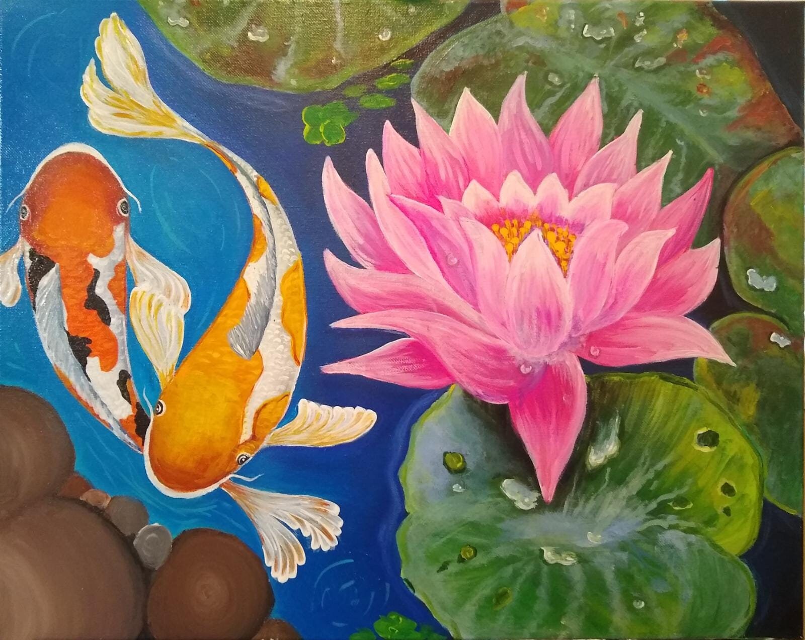 Koi Fish and Lotus Pond Acrylic Painting 16x20 Buddhist Art
