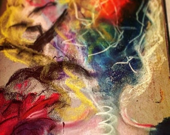 May include: Abstract artwork with a vibrant mix of colors. The piece features bold strokes of red, yellow, blue, and white, creating a dynamic and energetic composition. The artwork appears to be created with pastels or chalk.