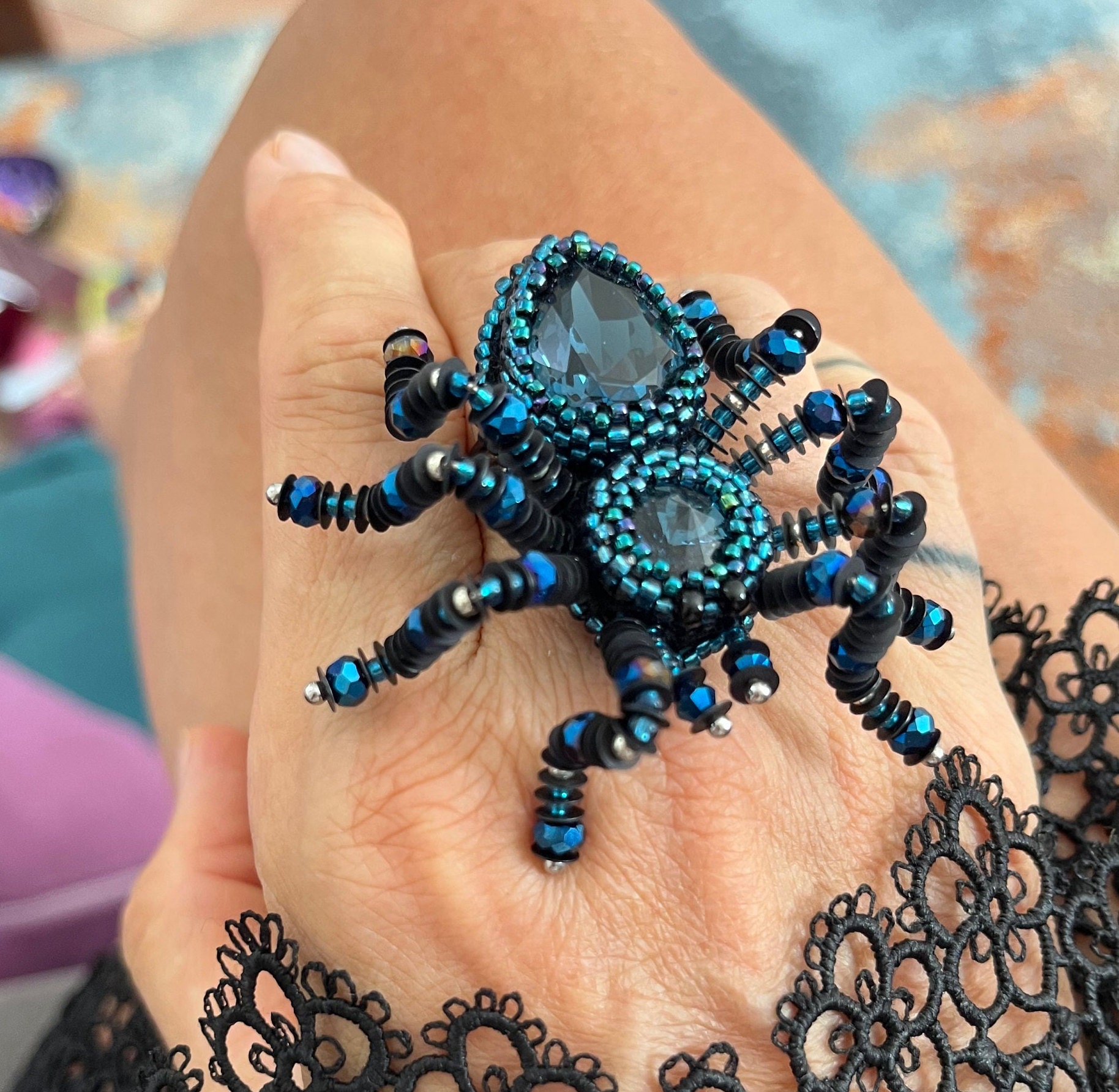 Bague Araignée En Argent 925 - Style Gothique Biker - Rouge Moyen - Fait Main