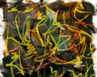 Acrylics - canvas board - BrownGreenAlizarinYellow - Acrylics and Oil Stick 14"x18" 2005