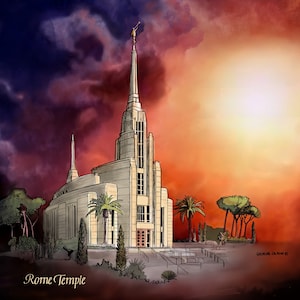May include: A hand-drawn illustration of the Rome Temple, a white building with a tall spire, set against a dramatic sunset sky with clouds in shades of purple, orange, and red. The temple is surrounded by palm trees and other greenery. The text "Rome Temple" is written below the image.