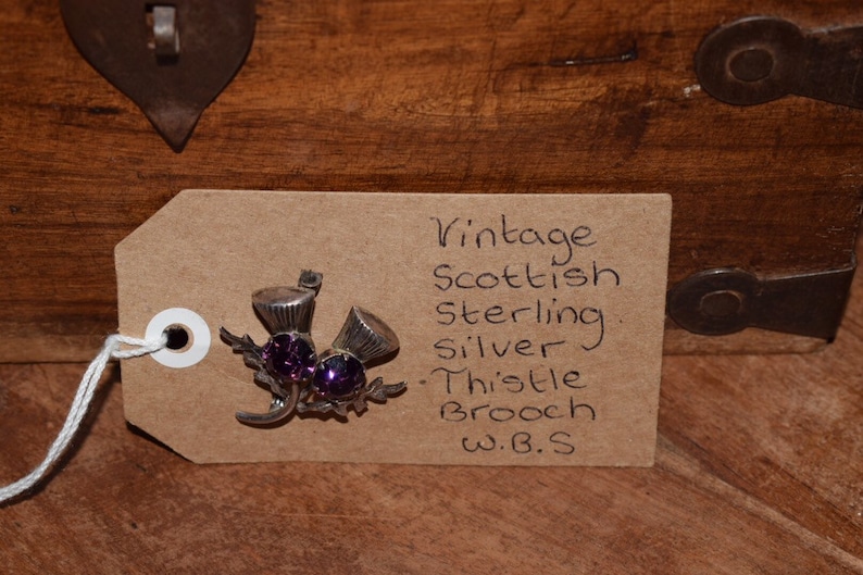 Vintage thistle brooch by ward bothers silver tone purple stone scottish pin