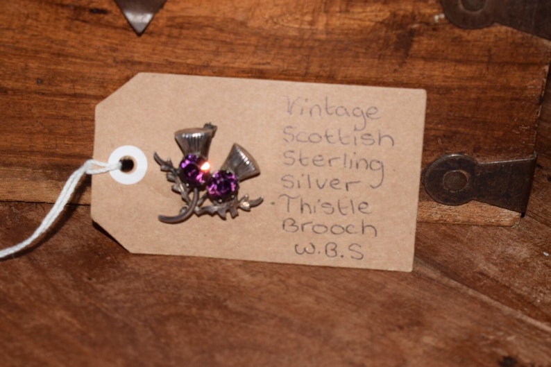 Vintage thistle brooch by ward bothers silver tone purple stone scottish pin