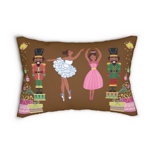 Chocolate Nutcracker and Chocolate Ballerinas, Clara, Sugar Plum Fairy Spun Polyester Lumbar Pillow Brown