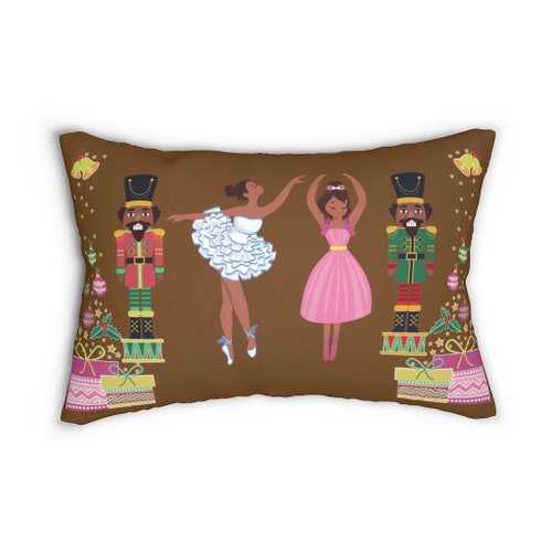 Chocolate Nutcracker and Chocolate Ballerinas, Clara, Sugar Plum Fairy Spun Polyester Lumbar Pillow Brown