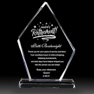 Personalized Retirement award,Crystal Employee,Retirement Appreciation,Unique Gift for Manager, plaque, Employee of month,Laser Engraving,