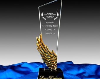 Personalized Crystal Award, Wing Trophy, Unique Gift for Manager ,Staff, Excellence, Customization, Employee of month,for Recognition,