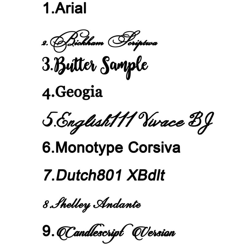 K&ouml;nnte beinhalten: Eine Liste von neun verschiedenen Schriftarten, darunter Arial, Biskham Scriptwa, Butter Sample, Geogia, English111 Vivace BJ, Monotype Corsiva, Dutch801 XBdlt, Shelley Andante und Candlescript Version.