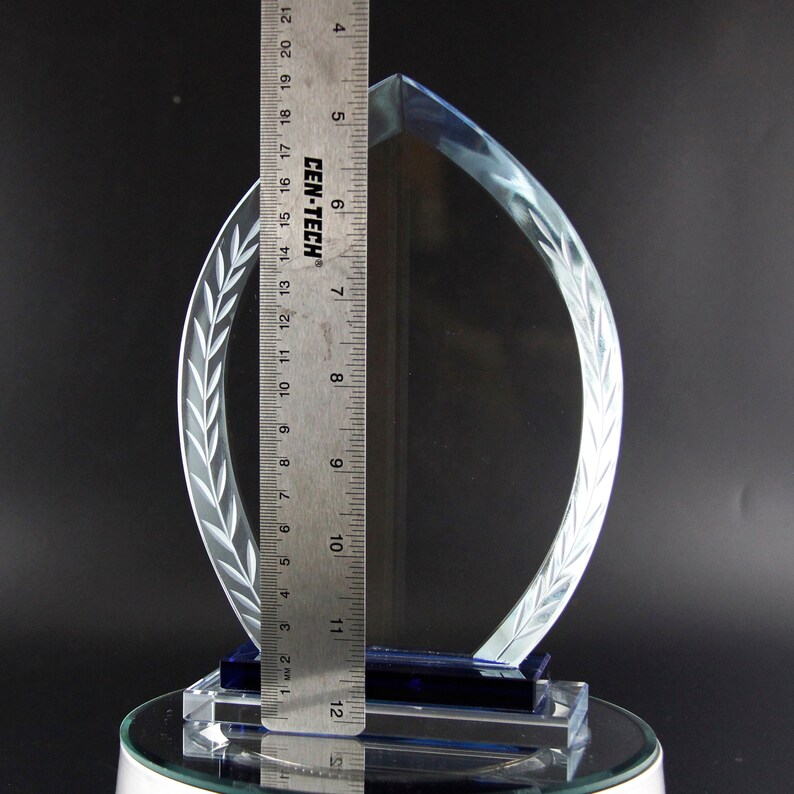 K&ouml;nnte beinhalten: Eine klare Glas-Troph&auml;e mit blauer Basis und einem mattierten Lorbeerkranz-Design. Die Troph&auml;e ist 30,5 cm hoch.