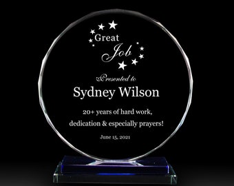 Personalized Employee Award,Unique gift for Manager, Custom Retirement Award with Engraving,Crystal Award,Plaque,Great job Award