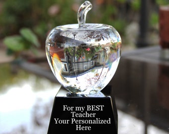 Premio de manzana de cristal personalizado, base de obsidiana grabada, regalo para profesores