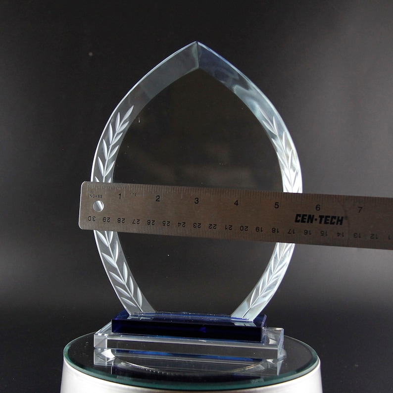 K&ouml;nnte beinhalten: Eine klare Glas-Troph&auml;e mit blauer Basis. Die Troph&auml;e ist tropfenf&ouml;rmig und hat einen Lorbeerkranz-Design am Rand. Die Troph&auml;e ist 15,24 cm hoch.