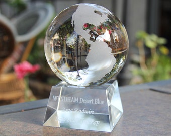 Personalized Crystal Globe Award: Corporate Trophy, Glass Art (8cm)