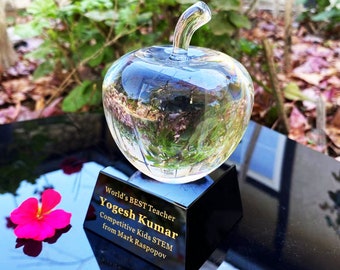 Manzana de cristal personalizada, base de obsidiana, premio de reconocimiento al maestro