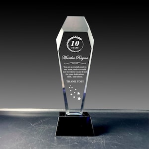 Personalized 10&quot; trophies, Corporate trophy Customization, Award, Services , Custom crystal trophies, Years of Service, Employee of Month,