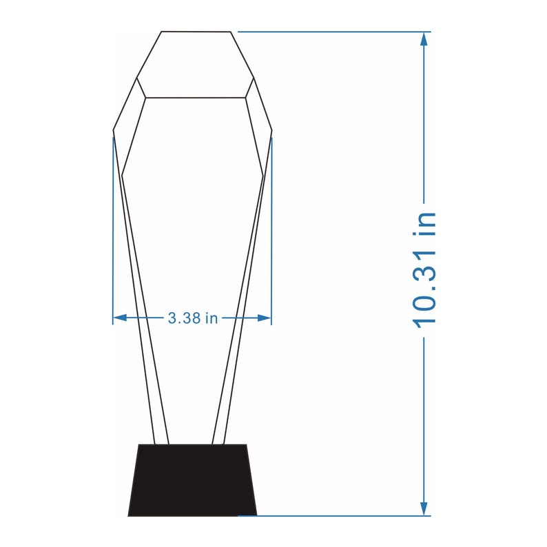 Op de afbeelding: Een heldere, gefacetteerde trofee met een geometrisch, taps toelopend ontwerp op een solide zwarte voet. Technische lijnen geven een totale hoogte van 26,19 cm en een maximale breedte van 8,59 cm aan, wat nauwkeurige maten biedt.