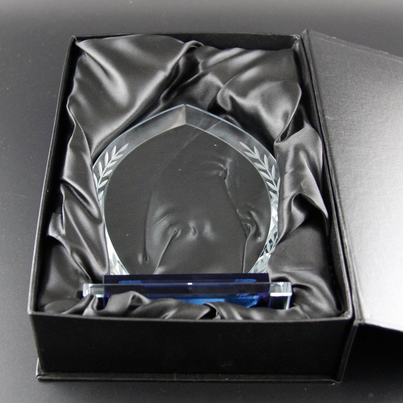 K&ouml;nnte beinhalten: Eine klare Glas-Troph&auml;e mit blauer Basis, die ein Design einer Person beim Golfspielen zeigt. Die Troph&auml;e befindet sich in einer schwarzen, mit Samt ausgekleideten Box.