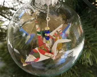 Japanese Crane Ornament, Christmas Tree Ornament, Holiday Ornaments,  Glass Crane Ornaments, Origami Gift, Paper Crane, Paper Ornament