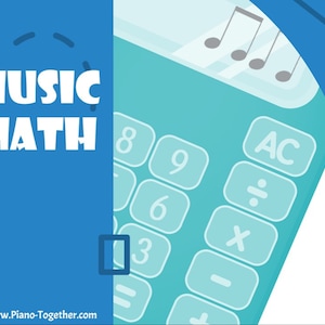 Pode incluir: Uma calculadora azul com notas musicais no visor. A calculadora tem um esquema de cores azul e branco e as teclas são etiquetadas com números e símbolos matemáticos. O texto "MUSIC MATH" está no lado esquerdo da imagem.