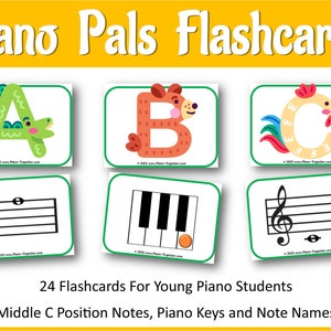 May include: A set of 24 flashcards for young piano students. The flashcards feature colorful illustrations of animals, musical notes, and piano keys. The text on the flashcards includes the letters A, B, C, and the words "Piano Pals Flashcards", "24 Flashcards For Young Piano Students", "Middle C Position Notes, Piano Keys and Note Names".