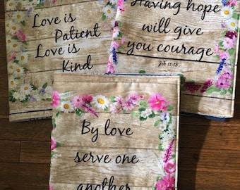 Handcrafted Fabric Bible Covers - Love is Patient, Love is Kind, By Love Serve One Another, Having Hope Will Give You Courage