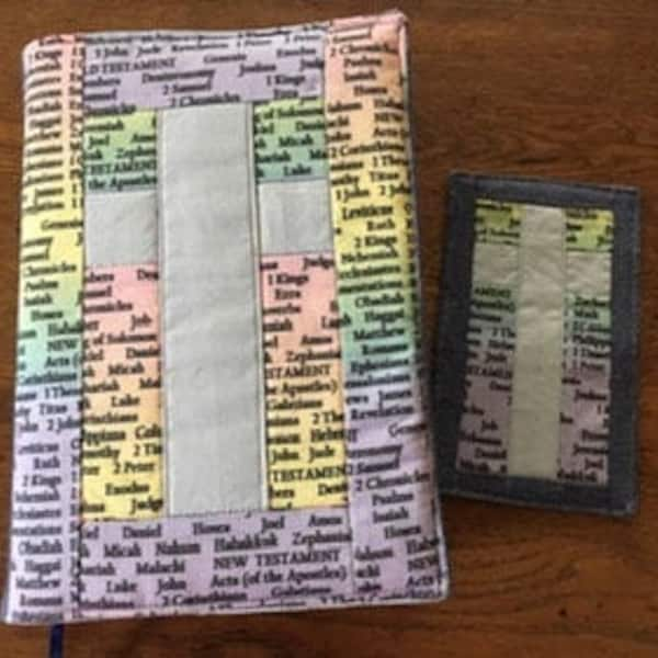 Handcrafted Quilted Fabric Bible Cover and Coordinating Bookmark - Books of the Bible Fabric