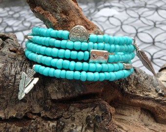 Southwestern Style Turquoise & Silver Memory Wire Bracelet