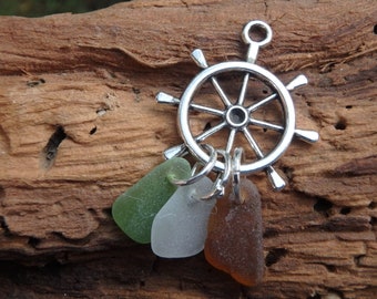 Ship's Wheel Pendant with Green, White and Brown Sea Glass