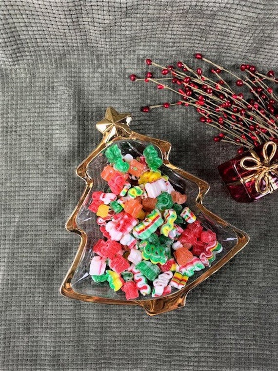 Cut Glass Christmas Tree Candy Dish Gold Trim Etsy