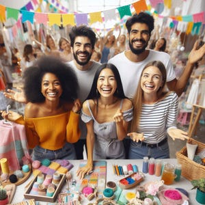 Op de afbeelding: Een groep lachende mensen op een ambachtsmarkt. Een tafel toont kleurrijk garen, breibenodigdheden en afgewerkte gebreide items. De achtergrond toont feestelijke decoraties en andere verkopers.